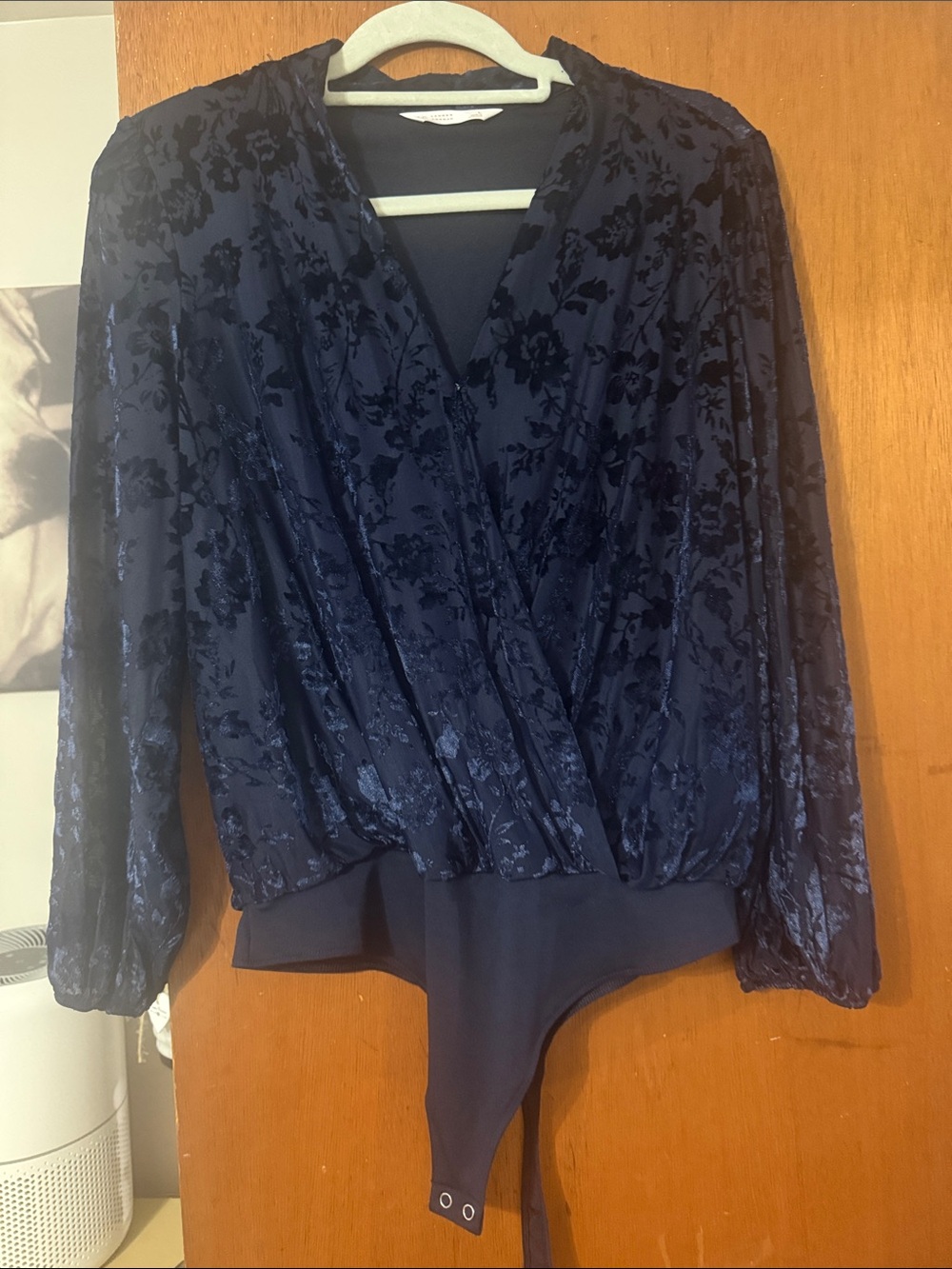 LC Lauren Conrad Navy Floral Velvet Wrap Bodysuit